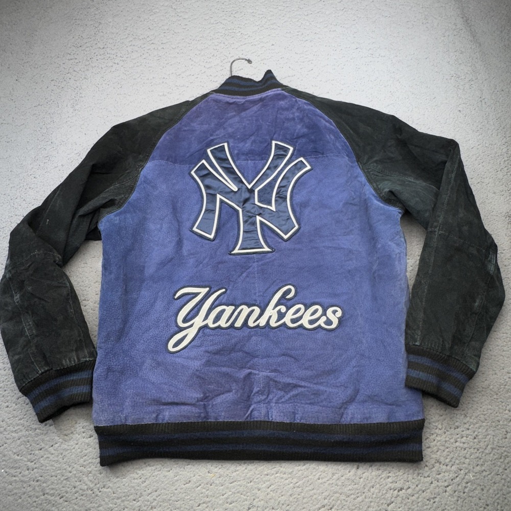 Vintage New York Yankees Leather Jacket Mens Medium Blue Black MLB GIII Bomber - Picture 14 of 16